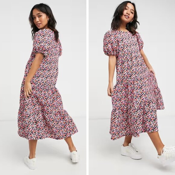 ASOS DESIGN Midi Tiered Smock Dress in Pink Floral Print - Picture 1 of 13